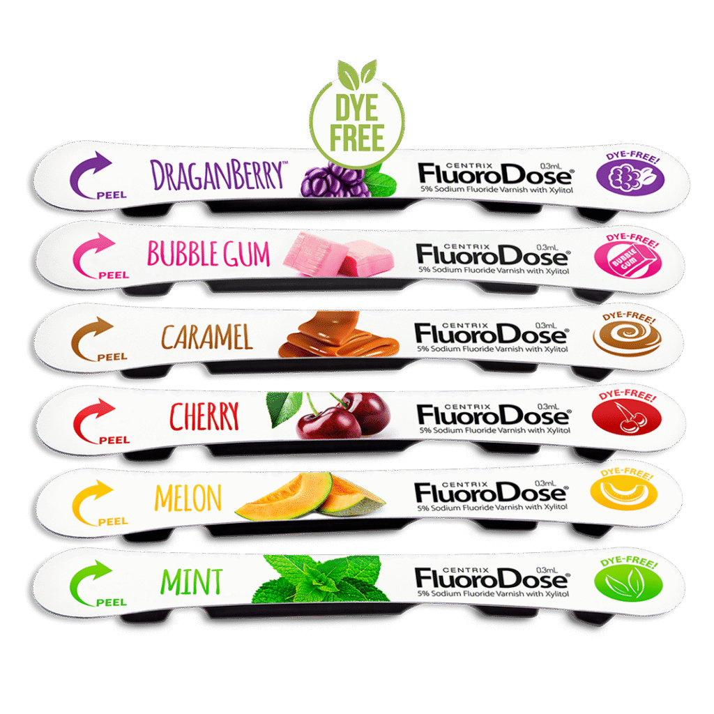 FluoroDose fluoride varnish in six flavors: Bubble Gum, Caramel, Cherry, DraganBerry, Melon, and Mint.