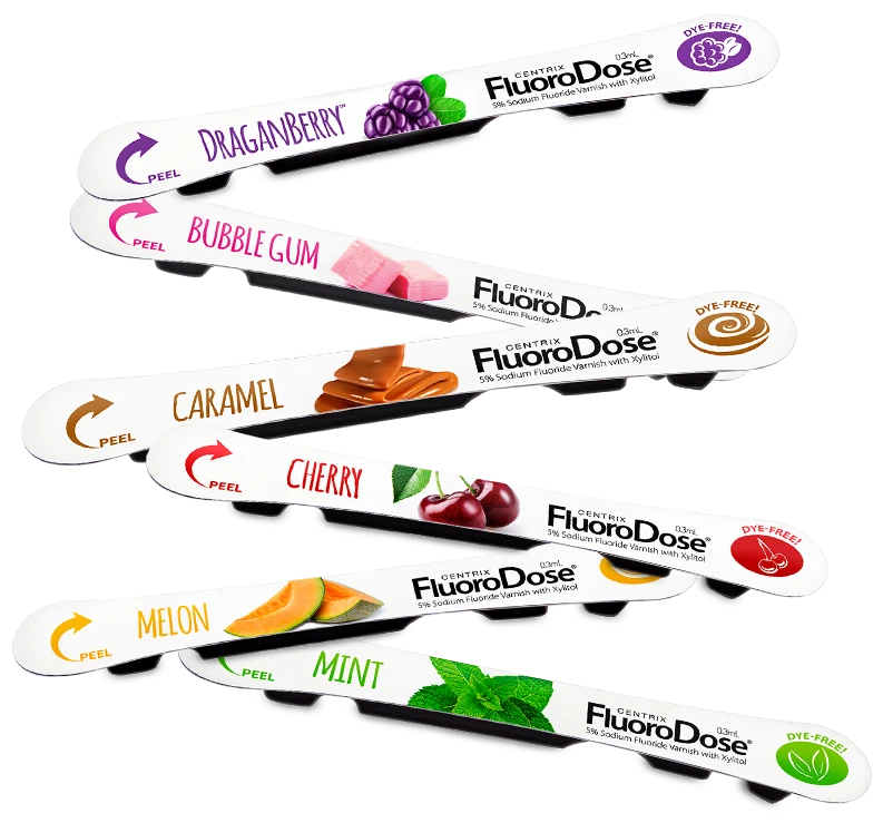 FluoroDose unit-dose lolly trays in six flavors — goes on clear and smooth, doesn't wash off