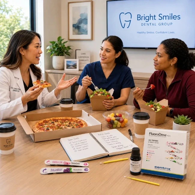 Three dental professionals sit around a table in a bright dental operatory eating pizza and salad during a virtual continuing education session. A wall monitor in the background displays a pediatric fluoride varnish application.