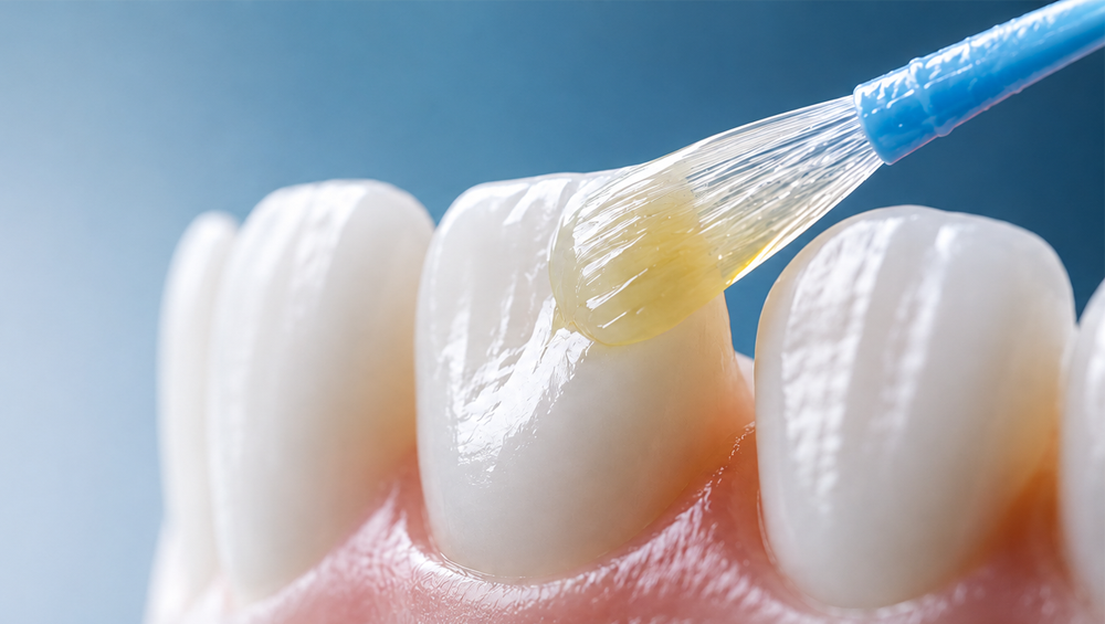 Applying fluoride varnish to teeth with brush applicator