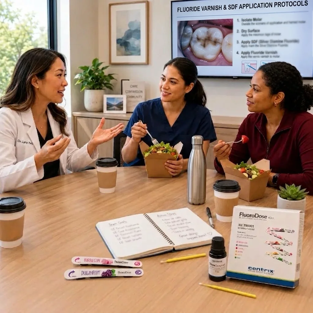 Three dental professionals sit around a table in a bright dental operatory eating pizza and salad during a virtual continuing education session. A wall monitor in the background displays a pediatric fluoride varnish application.